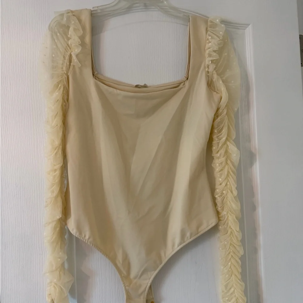 Free People Must Be Love Bodysuit Mesh Ruched Sleeve Square Neck in Ivory L